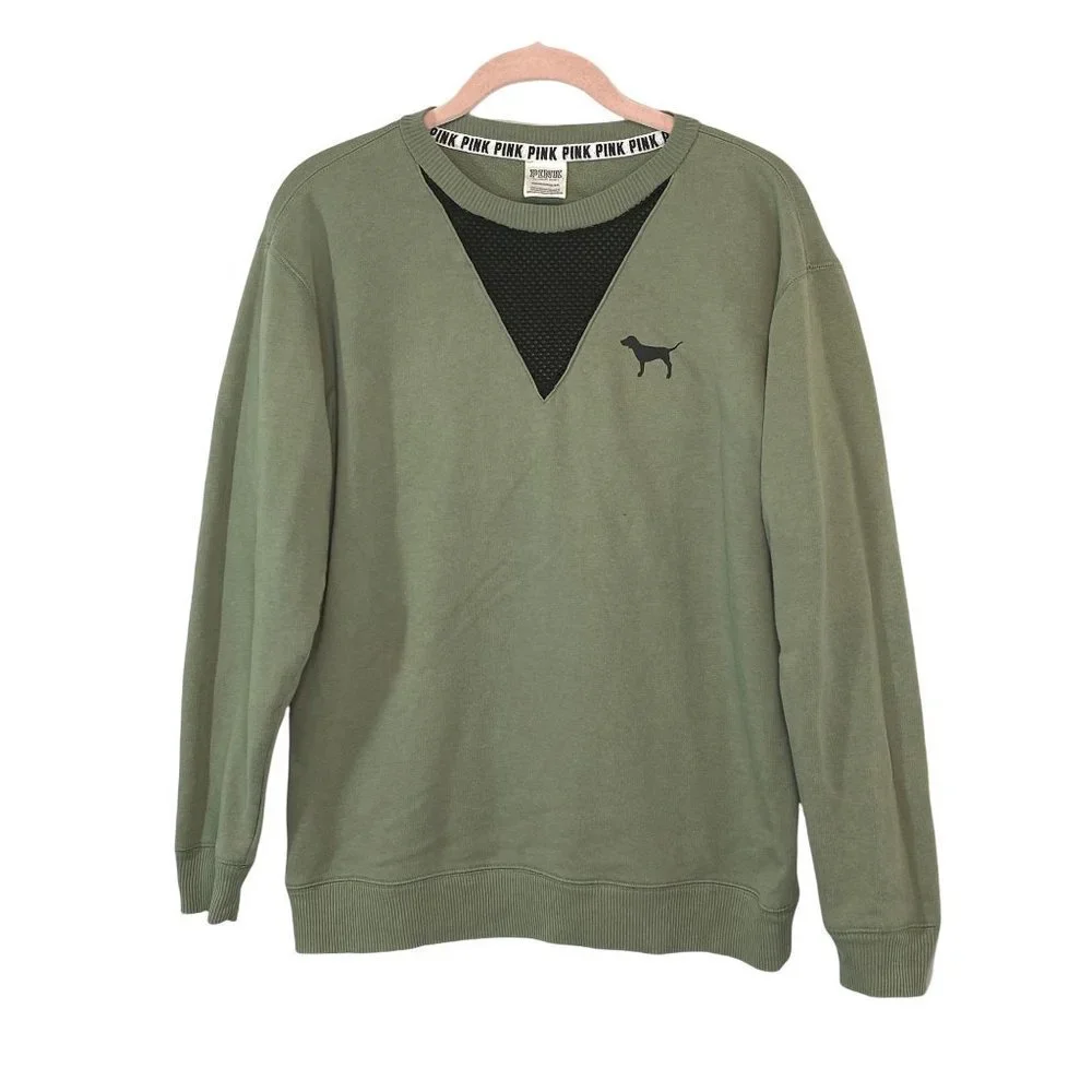Victoria Secret PINK Boyfriend Sweatshirt Size XS Pullover Dog Logo Green Black - Picture 7 of 11